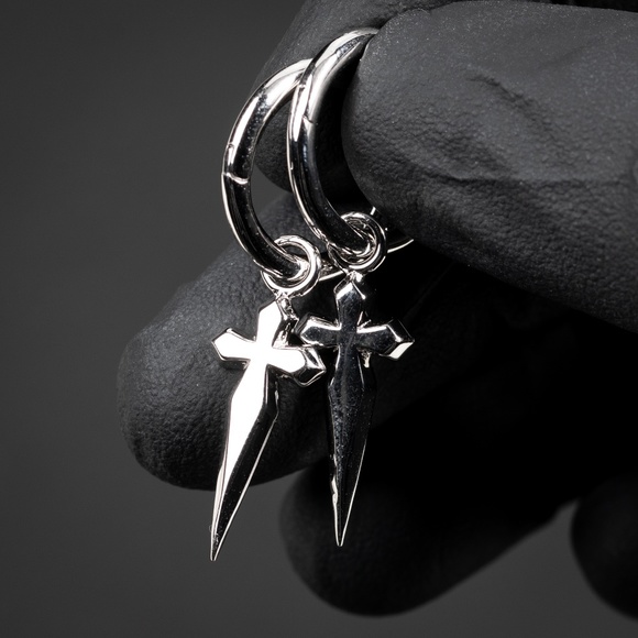 Men's Solid Sterling Silver Dangle Dagger Sword Cross Huggie Hoop Earrings - Picture 1 of 5